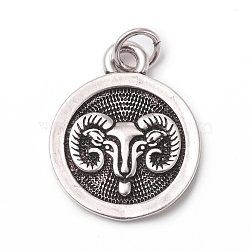 Brass Pendants, with Jump Rings, Long-Lasting Plated, Flat Round with 12 Constellation/Zodiac Sign, Antique Silver, Aries, 18.5x15x2mm, Jump Ring: 5x0.7mm, Inner Diameter: 3.6mm(KK-I668-01AS-06)
