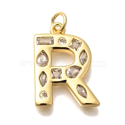 Brass Micro Pave Clear Cubic Zirconia Pendants, with Jump Ring, Lead Free and Cadmium Free, Long-Lasting Plated, Rack Plating, Letter Charms, Real 18K Gold Plated, Letter R, 20.5x15x2.7mm, jump ring: 5x1mm, 3mm inner diameter.(KK-G521-01G-R)