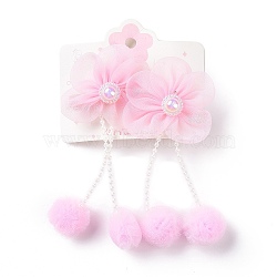 Flower Cloth Metallic Alligator Hair Clips, with Acrylic Beads, Flower, Children's Day Jewelry, Pink, 105x50x15~16mm, 2pcs/card(PHAR-D013-01A)