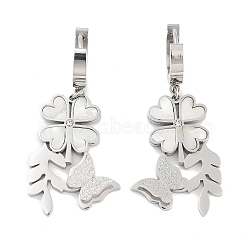 Left and Right Clover & Texture Butterfly 304 Stainless Steel Shell Dangle Earrings, Rhinestone Hoop Earrings for Women, Stainless Steel Color, 46x20.5mm(EJEW-L283-075P)