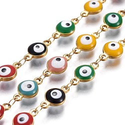 304 Stainless Steel Link Chains, with Enamel, Soldered, Flat Round with Evil Eye, Golden, Mixed Color, 11x6x3mm(CHS-I004-08G)