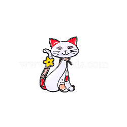 Cat with Flower Badges, Alloy Enamel Pins, Cute Cartoon Brooch, White, 28x18mm(PW-WG49995-02)