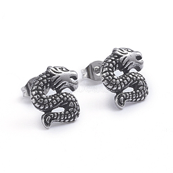 Retro 304 Stainless Steel Stud Earrings, with Ear Nuts, Dragon, Antique Silver, 12x11mm, Pin: 0.7mm(EJEW-L248-022AS)