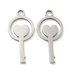 316L Surgical Stainless Steel Pendants, Key with Heart, Stainless Steel Color, 28.5x13.5x1.5mm, Hole: 2.5mm(STAS-F302-09P-01)