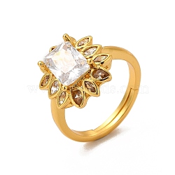 Clear Cubic Zirconia Flower Adjustable Ring, Rack Plating Brass Jewelry for Women, Cadmium Free & Lead Free, Real 18K Gold Plated, Inner Diameter: 15.5~21.5mm(RJEW-C048-13G)