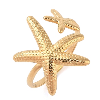 Ion Plating(IP) 304 Stainless Steel Starfish Open Cuff Rings for Women, Real 14K Gold Plated, Inner Diameter: 18mm