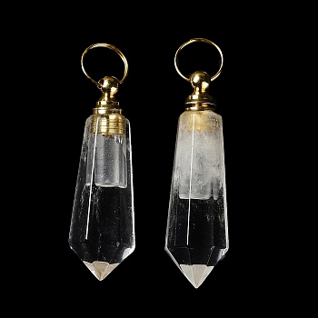 Natural Quartz Crystal Perfume Bottle Pendants, Essentail Oil Diffuser Faceted Bullet Charms with Golden Tone Stainless Steel Findings, for Jewelry Making, 48~50x14~14.5x15.5~16mm, Hole: 10.5mm