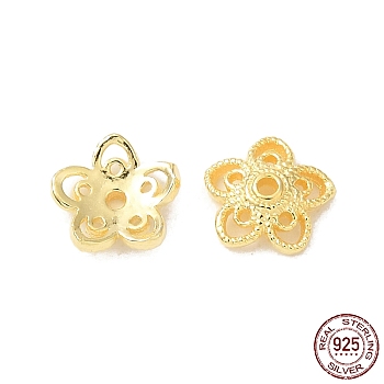 925 Sterling Silver Bead Caps, 5-Petal, Flower, Real 18K Gold Plated, 8x7.5x2.5mm, Hole: 1mm, about 35pcs/10g