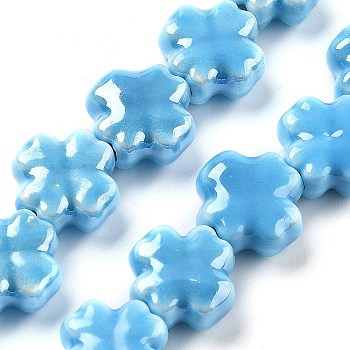 Porcelain Beads, Four Leaf Clover, Sky Blue, 12x12x6mm, Hole: 2mm, about 30pcs/strand, 137.80''(350cm)