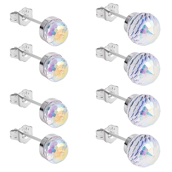 4 Pairs 4 Style Natural Quartz Crystal Round Ball Stud Earrings Set, Platinum Plated Brass Jewelry for Women, Mixed Color, 6mm