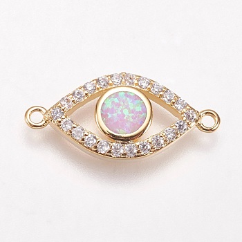Brass Micro Pave Cubic Zirconia Links, with Synthetic Opal, Eye, Golden, Lilac, 9x20x3mm, Hole: 1mm