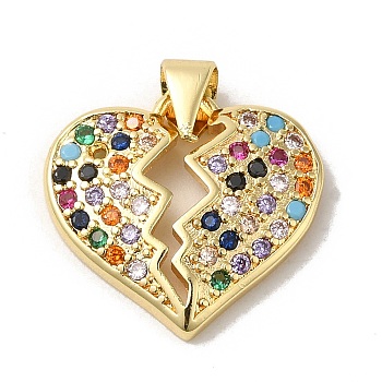 Rack Plating Brass Micro Pave Colorful Cubic Zirconia Pendants, Long-Lasting Plated, Lead Free & Cadmium Free, Broken Heart Charms, Real 18K Gold Plated, 16.3x17.5x3mm, Hole: 3.7x3.4mm