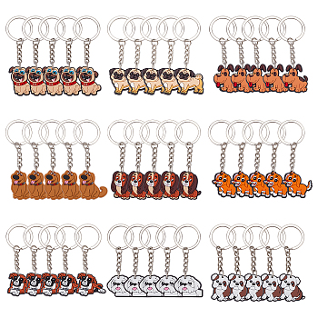 45Pcs 9 Style Cute Cartoon PVC Plastic Dog Pendant Keychain, with Iron Findings, Mixed Color, 74~84mm, 5pcs/style