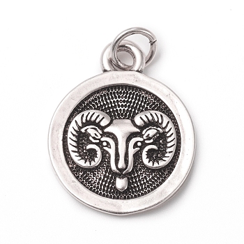 Brass Pendants, with Jump Rings, Long-Lasting Plated, Flat Round with 12 Constellation/Zodiac Sign, Antique Silver, Aries, 18.5x15x2mm, Jump Ring: 5x0.7mm, Inner Diameter: 3.6mm