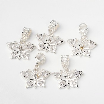 Brass Rhinestone European Dangle Charms, Butterfly, with Alloy Findings, Silver Color Plated, Clear, 29mm, Hole: 4.5mm
