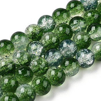 Transparent Crackle Baking Painted Glass Beads Strands, Imitation Opalite, Round, Green, 10x9.5mm, Hole: 1.4mm, about 80pcs/strand, 30.87 inch(78.4cm)