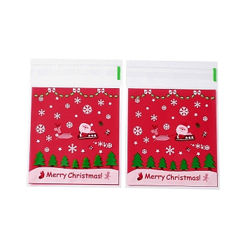 Christmas Theme Plastic Bakeware Bag, with Self-adhesive, for Chocolate, Candy, Cookies, Square, Red, 130x100x0.2mm, about 100pcs/bag