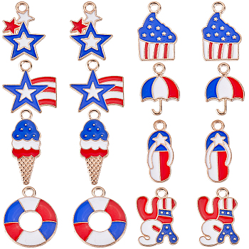 64Pcs 8 Style Independence Day Alloy Enamel Pendants, Light Gold, Mixed Shapes, Mixed Color, 15.5~22.5x8~15.5x1.5mm, Hole: 2mm, 8pcs/style