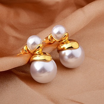 Round Brass Dangle Stud Earrings, with Plastic Imitation Pearl, Real 22K Gold Plated, 25x14mm