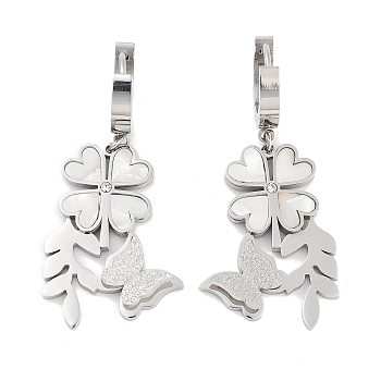Clover & Texture Butterfly 304 Stainless Steel Shell Dangle Earrings, Rhinestone Hoop Earrings for Women, Stainless Steel Color, 46x20.5mm
