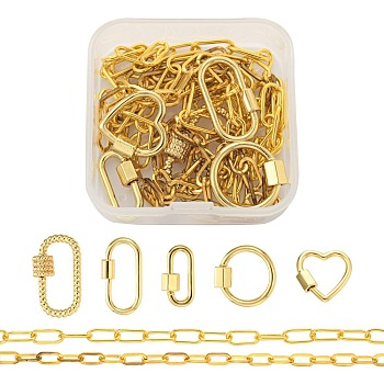 DIY Jewelry Set Making, Necklace with Brass Screw Carabiner Lock Charms and Unwelded Iron Paperclip Chains, Golden, 25.5x14x2mm, 1pc