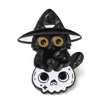 Cat with Hat & Skull Enamel Pin, Alloy Brooch for Backpack Clothes, Electrophoresis Black, 32.5x24x1.5mm