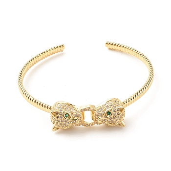 Green Cubic Zirconia Double Leopard Open Cuff Bangle, Brass Jewelry for Women, Golden, Inner Diameter: 1-7/8x2-1/4 inch(4.7x5.65cm)