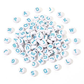Opaque White Acrylic Beads, with Enamel, Horizontal Hole, Flat Round with Initial Letter, Dark Turquoise, 9.5x4.5mm, Hole: 2mm, 100pcs/set
