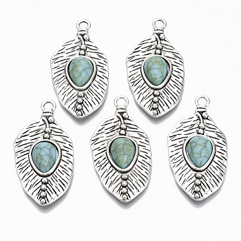 Tibetan Style Alloy Pendants, with Synthetic Turquoise, Cadmium Free & Lead Free, Leaf, Antique Silver, 47.5x24x7mm, Hole: 3mm
