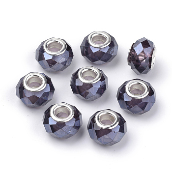 Pearlized Glass European Beads, Large Hole Beads, with Silver Color Plated Brass Double Cors, Faceted, Rondelle, DarkSlate Blue, 14x9mm, Hole: 5mm