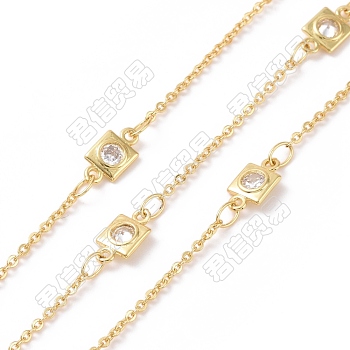 Clear Cubic Zirconia Square Link Chains, with Brass Findings, Unwelded, Cadmium Free & Nickel Free & Lead Free, Real 18K Gold Plated, 9x5x1.5mm