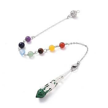 Synthetic Malachite Pointed Dowsing Pendulums, with Natural Chakra Round Gemstone Beads & 304 Stainless Steel Findings, Faceted Bullet Charm, 272mm