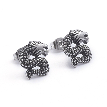 Retro 304 Stainless Steel Stud Earrings, with Ear Nuts, Dragon, Antique Silver, 12x11mm, Pin: 0.7mm