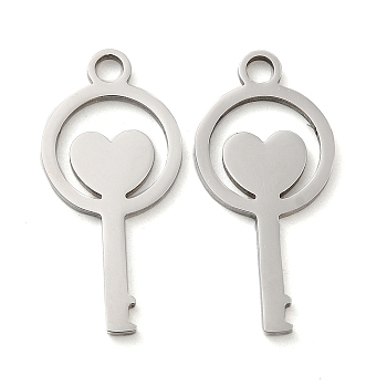 316L Surgical Stainless Steel Pendants, Key with Heart, Stainless Steel Color, 28.5x13.5x1.5mm, Hole: 2.5mm