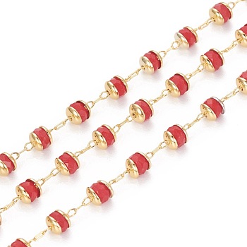 Handmade Glass Beaded Chains, with Brass Findings, Long-Lasting Plated, Rondelle, Faceted, Soldered, Golden, Red, 4mm, about 32.8 Feet(10m)/roll