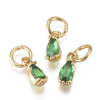 Brass Micro Pave Cubic Zirconia Charms, with Jump Ring, Long-Lasting Plated, Real 18K Gold Plated, Faceted, Teardrop, Green, 8x3x3mm, Hole: 3mm