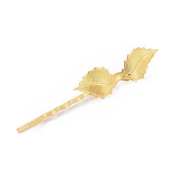 Iron Hair Bobby Pins, with Brass Findings, Leaf, Long-Lasting Plated, Golden, 72x4.5mm, Leaf: 42x14mm