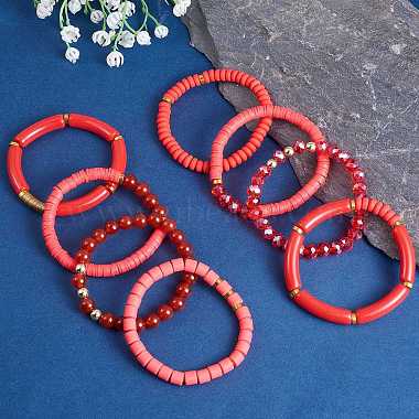 8Pcs 8 Style Natural Red Agate & Glass & Polymer Clay Heishi Surfer Stretch Bracelets Set(BJEW-SW00083)-6