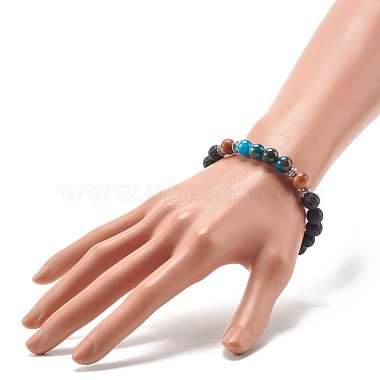 Natural Mixed Stone & Wood & Lava Rock Round Beads Stretch Bracelet(BJEW-JB07133)-5