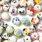 50Pcs 10 Colors Floral Printed Porcelain Beads, Flower Patterned Ceramic Round Beads with Sunflower Pattern, Mixed Color, 8mm, Hole: 1.8~2mm, 5pcs/color(PORC-YW0001-57)