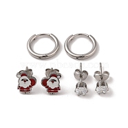 3 Pairs 3 Styles Christmas 304 Stainless Steel Hoop & Studs Earrings Set for Women, with Enamel & Cubic Zirconia, Stainless Steel Color, Santa Claus, 6~10x6~8mm, 1 pair/style(EJEW-K279-12H-P)