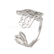 304 Stainless Steel Open Cuff Ring, Hamsa Hand & Lotus Flower, Stainless Steel Color, US Size 9(18.9mm)(RJEW-Z026-01P)