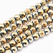 Electroplate Non-magnetic Synthetic Hematite Beads Strands, Grade A, Vacuum Plating, Faceted, Round, Light Gold Plated, 4mm, Hole: 1mm, about 105pcs/strand, 15.7 inch(40cm)(G-L487-C-21)