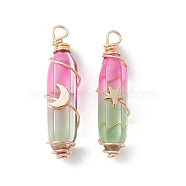 2Pcs 2 Style Two Tone Glass Double Terminated Point Beads Pendants Set, Moon & Star Golden Copper Wire Wrapped Charms, Light Green, 38~39x10x18mm, Hole: 3mm, 1Pc/style(PALLOY-JF02538-03)
