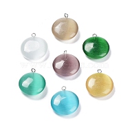 Cat Eye Pendants, with Platinum Tone Iron Loops, Flat Round Charms, Mixed Color, 23.5x20x7mm, Hole: 1.5mm(G-C034-12)