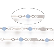 Soldered Handmade Faceted Glass Beaded Chains, with Brass Oval Links, Long-Lasting Plated, with Spoo, Light Sky Bluel, Platinum, 13x4.5mm, about 32.8 Feet(10m)/roll(CHC-G008-08P-01)