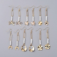 Dangle Earrings, with Glass Pearl Beads, Brass Pendants and Earring Hooks, Real 18K Gold Plated, 65.5~79mm, Pin: 0.7mm(EJEW-JE03968)