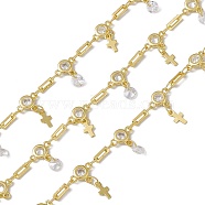 Brass Rectangle & Cubic Zirconia Flat Round Link Chains, with Cross Charms, with Spool, Soldered, Long-Lasting Plated, Cadmium Free & Nickel Free & Lead Free, Real 18K Gold Plated, 8.5x6.5x2mm and 6x2x0.5mm(CHC-P010-04G)