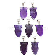 Natural Banded Agate/Striped Agate Pendants, with Light Gold Plated Iron Findings, Owl, Dyed & Heated, Blue Violet, 22.5~23.5x11~12.5x4.5~6mm, Hole: 4.5x6mm(G-N326-128-A02)
