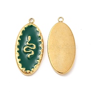 Vacuum Plating 201 Stainless Steel Enamel Pendants, Real 18K Gold Plated, Oval with Snake Pattern Charm, Dark Green, 24.5x11.5x2.5mm, Hole: 1.2mm(STAS-J401-VC1056)